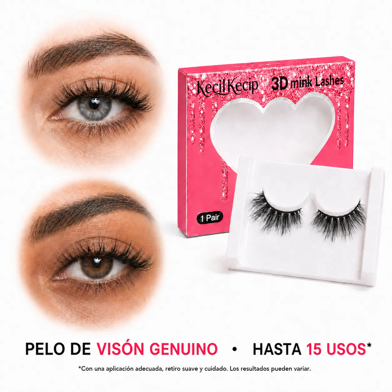 KecilKecip Pestañas Postizas de Tira 3D de Pelo de Visón Genuino, Volumen Wispy, Suaves y Ligeras, Reutilizables Hasta 15 Veces, 1 Par