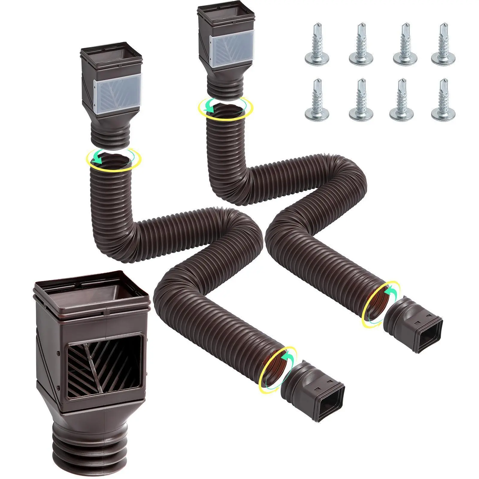 【Summerfinds】VEVOR Rain Gutter Downspout Extensions,  2-Pack Flexible Downspout Extender, Down Spout Drain Extension Extendable from 22" to 63", Gutter Extensions with Adapters, for Rainwater Drainage, Brown
