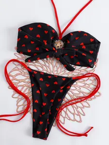 Heart Halter Bikini, Sexy Starfish Decor Thong Swimsuit, European Style Heart Print Halter Bikini, Women's Vacation Beachwear