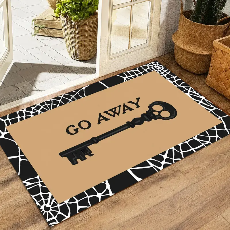 Door Mat Go Away Skull Key Spider Web Print Absorbent Indoor Outdoor Entryway Doormat Gothic Halloween Home Decor