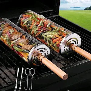 Rolling Grilling Basket Nesting Grill Baskets 2 PCS with Wooden Handles Stainless Steel Camping Grill Mesh Cylinder for Vegetables Fish Meat Grilling Gifts Outdoor BBQ Durable Rust Resistant