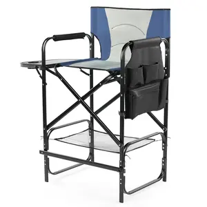 【Summervibes】31" Tall Directors Chair with Footrest Portable Bar Height Folding Camping Chair with Cup Holder Side Table Storage Pocket Industrial Design
