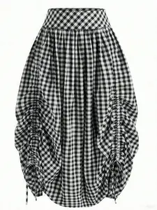 This Gingham Ruched Skirt is Retro Streetwear Cool Casual Drawstring Asymmetrical Midi Skirt Womenswear Bottom