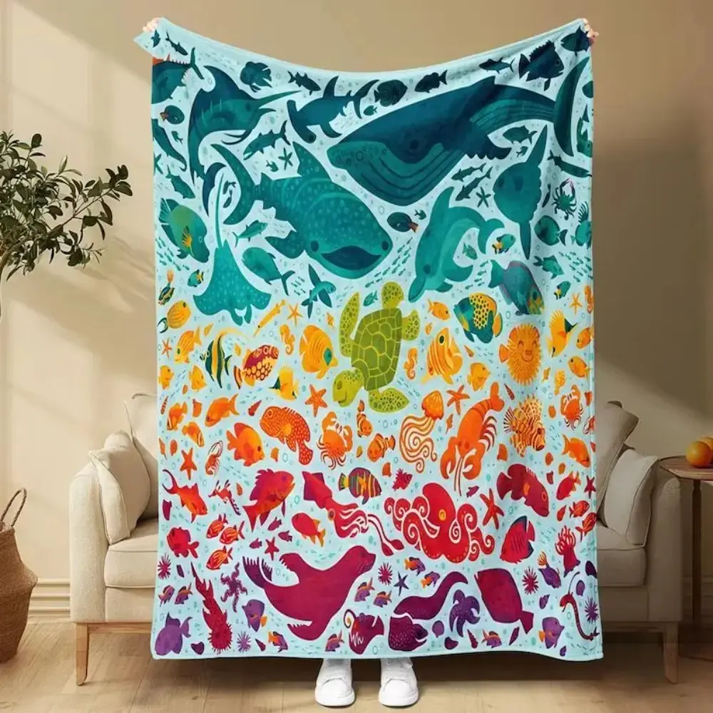 Rainbow Ocean Animals Plush Throw Blanket: Ultra Soft Cozy Lightweight Fleece Cover For Sofa Bed. Colorful Whales Turtles Fish Pattern Aesthetic Room Decor. Perfect Warm Birthday Christmas Gift For Marine Fans Kids Adults. Fun Portable Couch Snuggle Wrap.