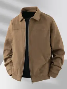 Men's Spring & Fall Collared Jacket, Zipper Closure, Casual Faux Suede Outerwear, Durable Fabric, Ideal for Daily Wear