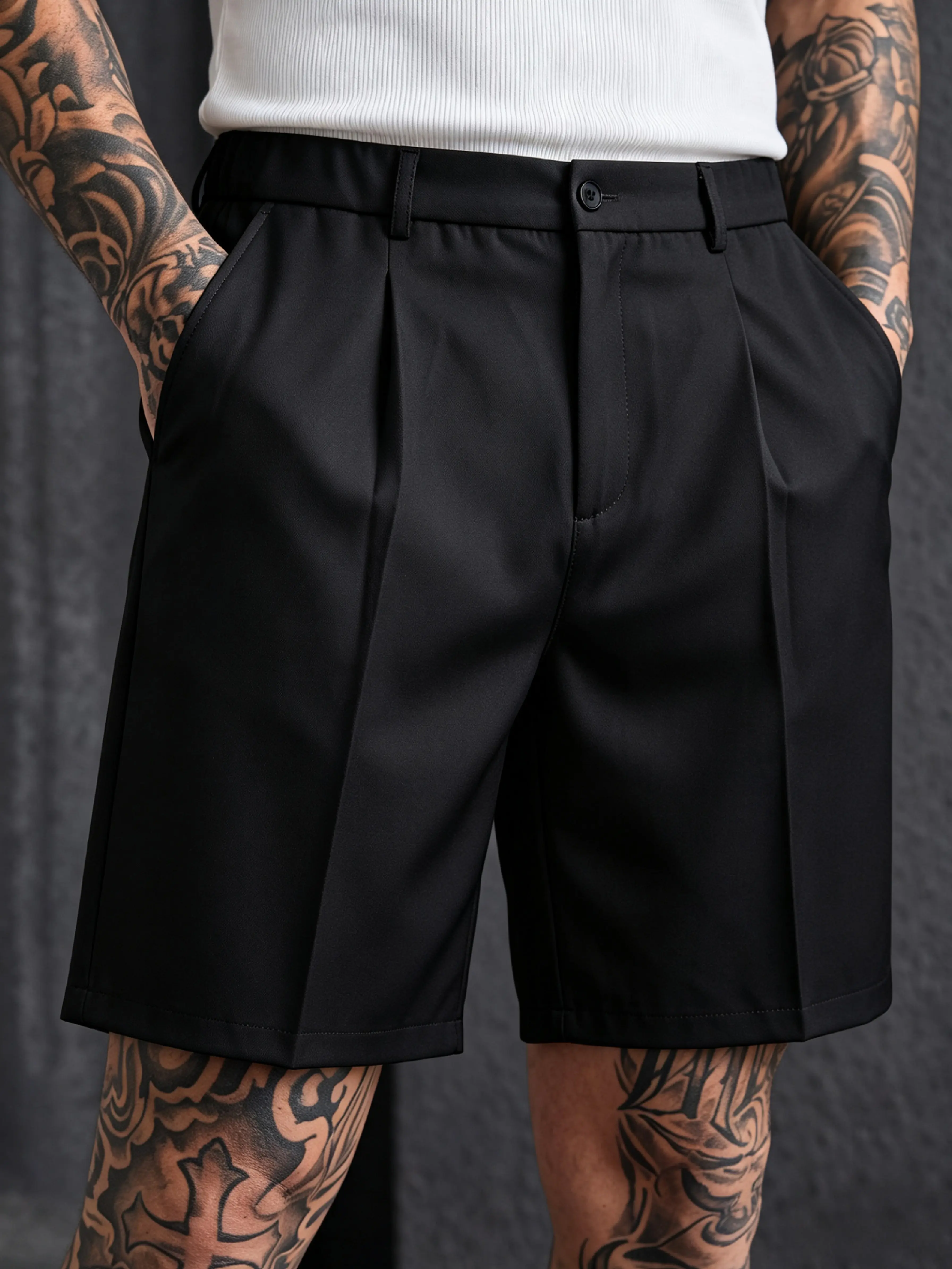 Men's Simple Pleated Dress Shorts - Loose Straight Cut, Knee-Length, Plain Polyester, Suitable for Business Office Wear, Summer Casual Outfits
