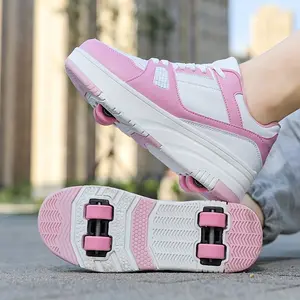 Youngsters' Lightweight Roller Skates with Detachable Wheels - Pink & White Casual Sneakers for Boys and Girls, All-Season Outdoor Fun, Durable PU Material, Lace-Up Design