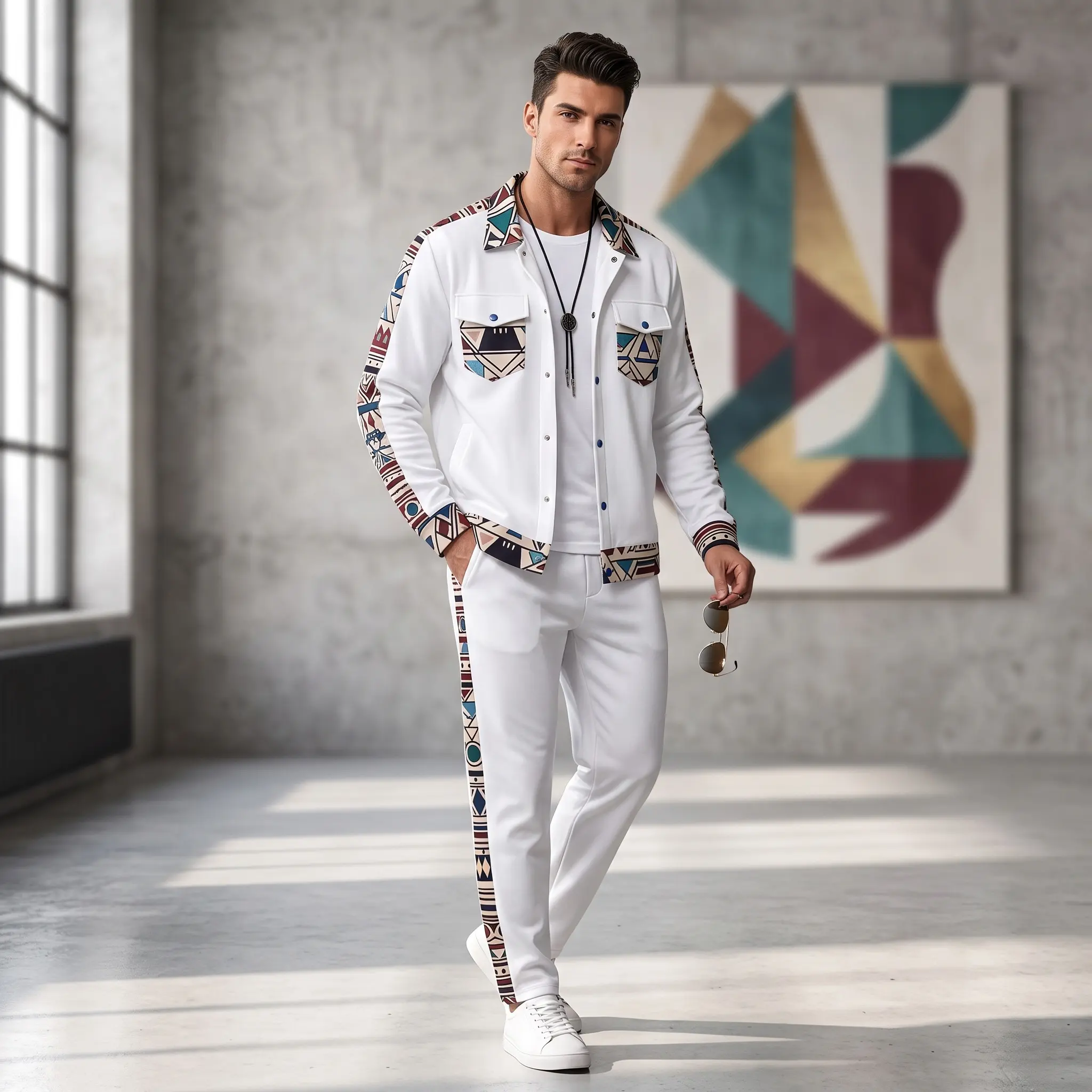 Men's Ethnic Geometric Patchwork 2-Piece Tracksuit - Loose Fit Long Sleeve Button Jacket & Straight Pants, Year-Round Wear Casual Streetwear Set