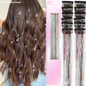 Women's wig with laser silk one-piece hair extensions, colorful shiny gold and silver hair pieces