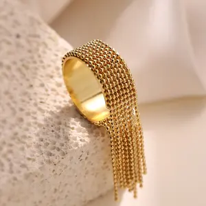 Yhpup Statement Stainless Steel Chain Tassel Finger Ring Adjustable 18K PVD Plated High Quality Charm Stylish Golden Jewelry
