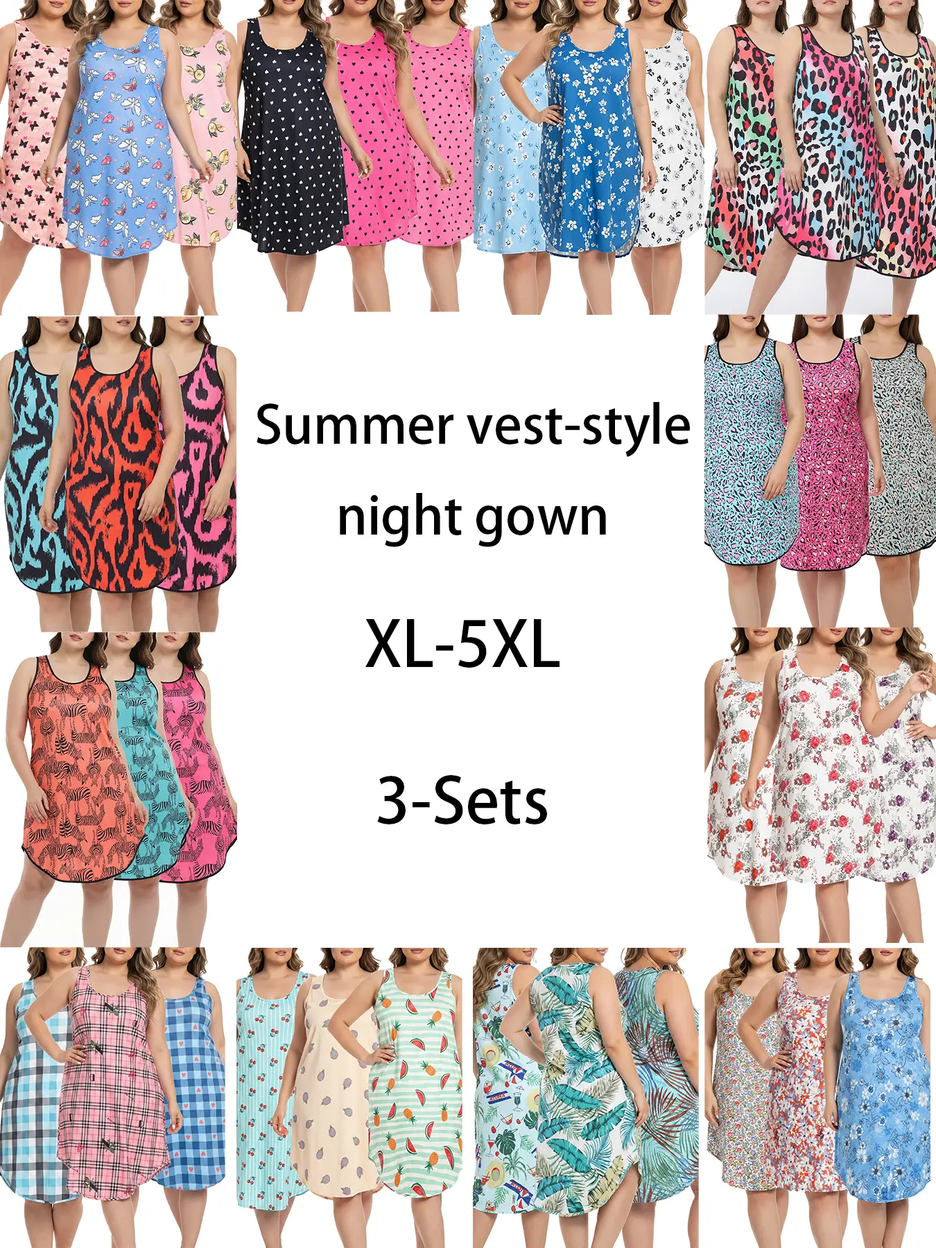 Three-piece set of large-sized night gowns for women, featuring summer colors, three-piece vest, relaxed fit, casual style, floral and flower prints, home wear dress, three-piece combination set.