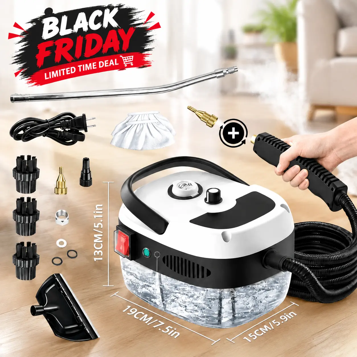 2500W Handheld Steam Cleaner - Lightweight Compact High-Temp High-Pressure Device with 12-Piece Accessory Set, Brush Head, Safety Cover, 3-5 Min Heat-Up, 7-15 Min Steam, 9.8-Foot Cord; for Kitchen Grease, Clothing