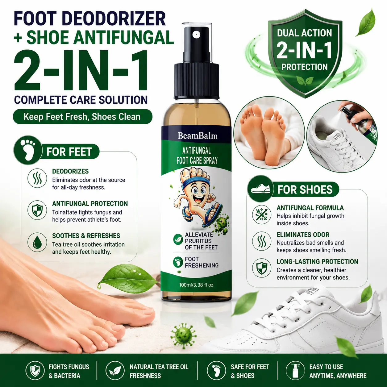 【2-in-1】 Antifungal foot spray contains tolnaftate to freshen feet, control odor, and assist with daily foot care.
