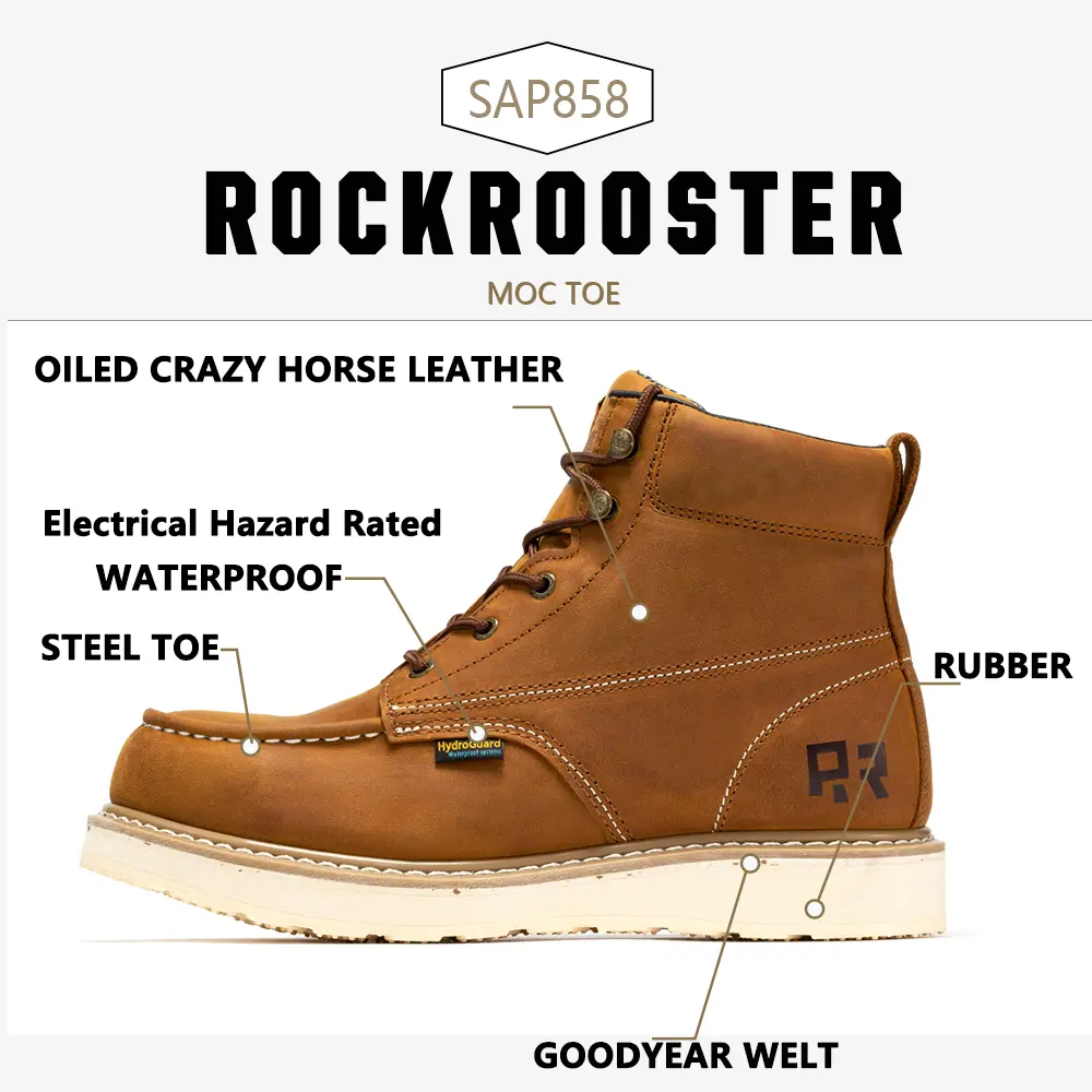 ROCKROOSTER Edgewood Steel Toe  Waterproof Shoes Men's 6-Inch Brown Work Boots for Men Footwear, Slip-Resistant Walking Shoes Closed Creeper Leather Boy SAP858