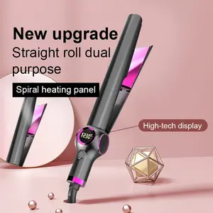2025 New Electric Heated Rotating 2-in-1 Hair Straightener & Curler Waver with LCD Display, Titanium Plate, Smooth Result, Negative Twist for All Hair Types, LANDOT Winter/Valentine's Day Gift