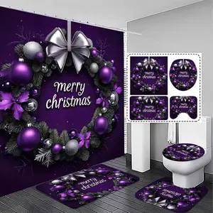 1/4-piece Christmas-themed shower curtain set in purple and silver decorative patterns, includes a non-slip mat, U-shaped rug, and toilet seat cover, bathroom décor, Bathroom decoration accessories, comes with 12 shower curtain hooks