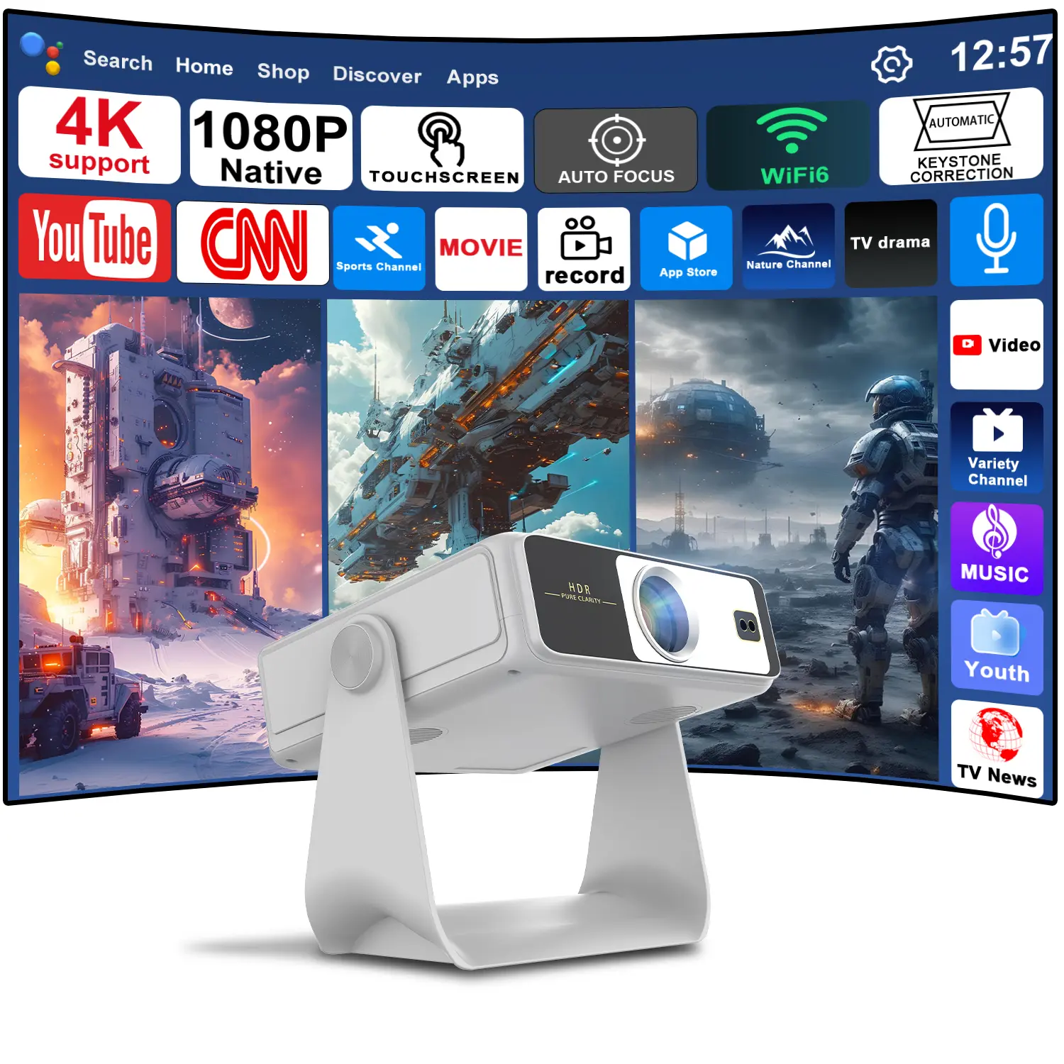 7" Touch Screen Projector, Native 1080P HD, WiFi 6 Bluetooth 5.2, Auto Focus Keystone, Phone Screen Mirroring Supported, Smart Android, 4K Support, Built-in Speaker, Home Bedroom Garden