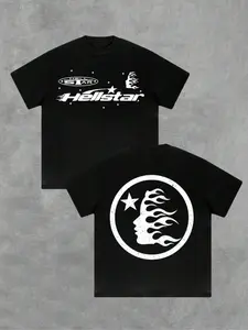 Men's Regular Fit Star & Moon Print Round Neck Tee, Casual Comfy Short Sleeve T-shirt for Daily Wear, Men's Top for All Seasons, Tropical, Casual Style Graphic, Casual Street Fashion