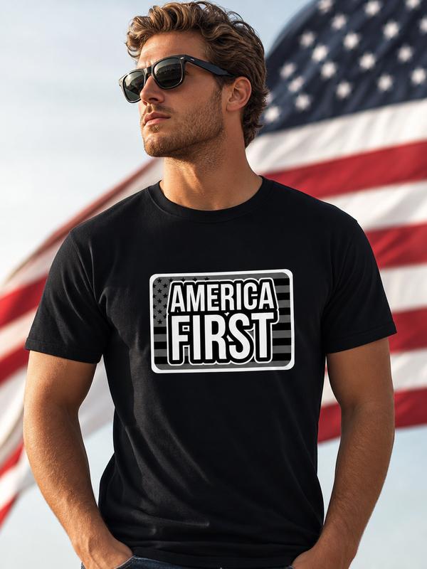Men's Stylish Short-Sleeve Round Neck Fitted Black Tshirt - Retro All American Flag Graphic, Patriotic Cold-Wash Unisex Vintage Casual Streetwear Top