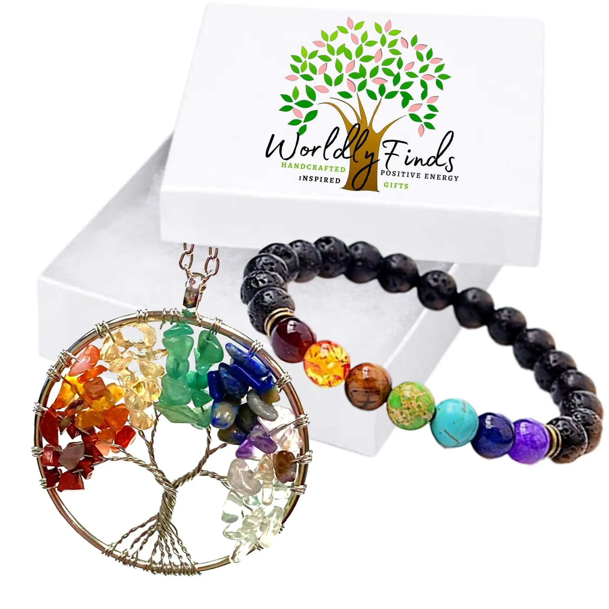 Chakra Tree of Life Crystal Gemstone Necklace w/ Chakra or Palo Santo Bracelet Choice, Gift Boxed