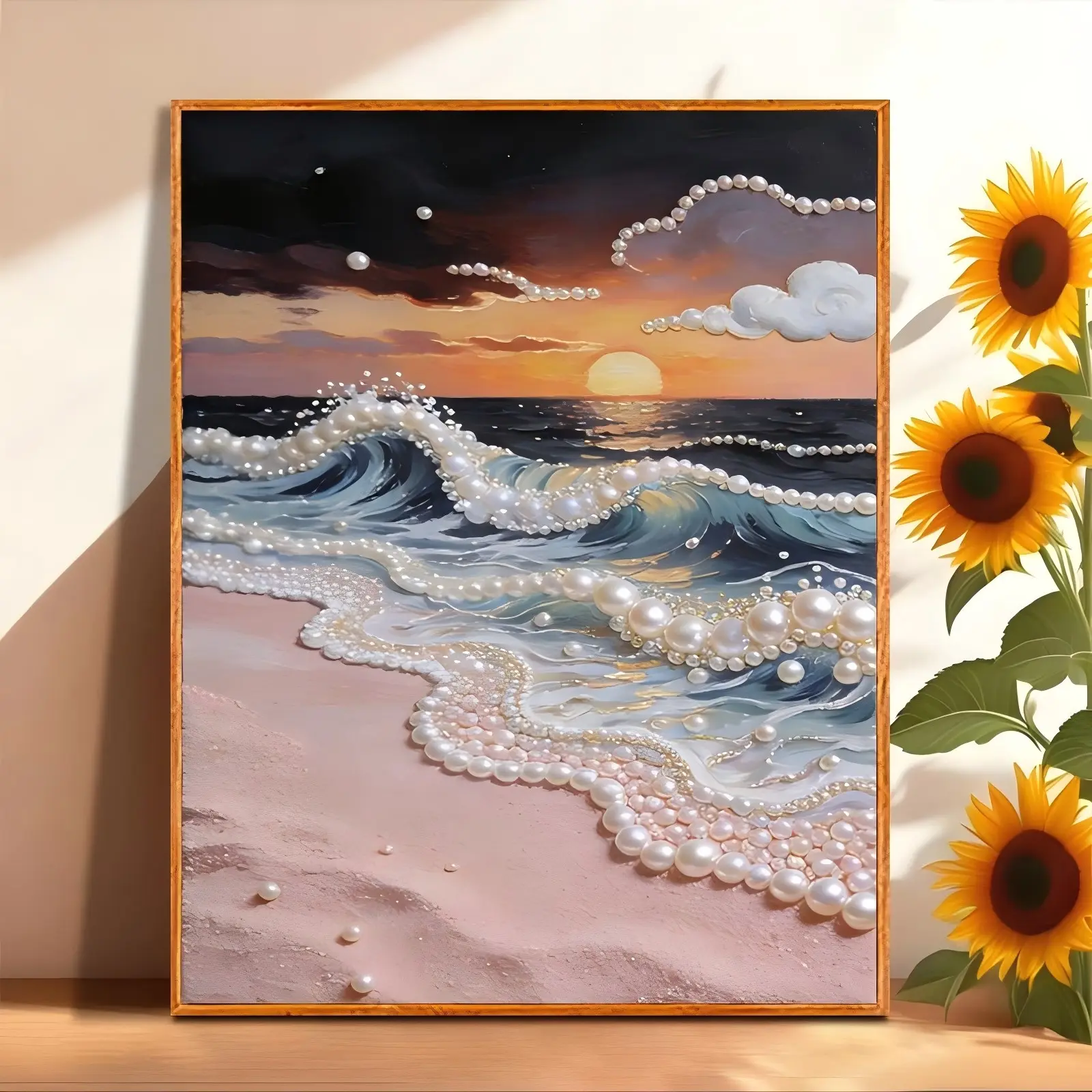 ZaiDoc Breathtaking Morning Sun Waves Sparkle Bead DIY Mosaic Art Pack, Warm Gradient Textured Canvas Number Painting, Coastal Scenery Wall Centerpiece for Room Styling & Exclusive Handmade Souvenir Gifts