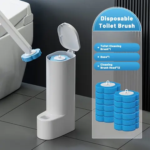 Disposable Toilet Brush with 12 Replacement Heads and Holder, Toilet Bowl Wand, Plastic Bathroom Cleaning Set, Cleaning Supplies, No-Dead-Angle, Base Included, Hangable Design, for Efficient Decontamination
