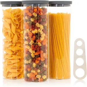 BPA-Free 3-Piece Glass Kitchen Storage Containers with Airtight Silicone Lids & Portion Tool, Glass Storage Jars for Spaghetti Pasta and Dry Foods Pantry Organization