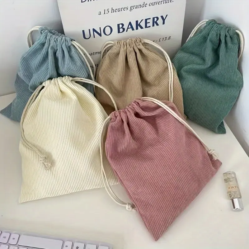 3pcs Corduroy Drawstring Storage Bags Set - Lightweight Solid Color Portable Makeup Pouches with Large, Medium, Small Sizes - Hand Washable, No Paint Edge, Multi-Color Bundle Cosmetic Pouch