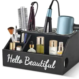 Wooden Black Hair Tools Organizer, Rustic Hair Dryer Holder, Bathroom Supplies Countertop Storage and Vanity Caddy for Blow Dryer Curling Iron Hair Straightener Hair Styling Accessories Stainless Wall Steel Cream Gift