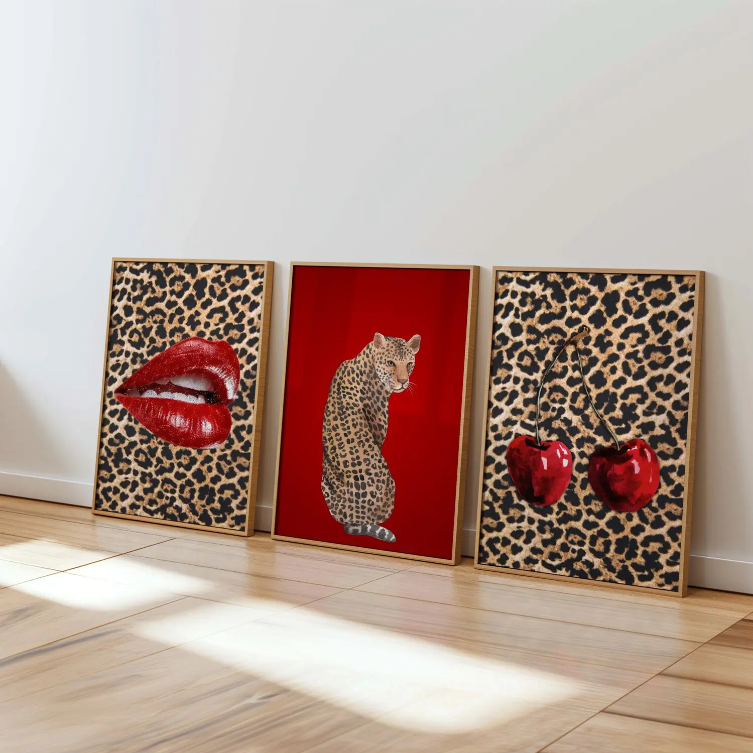 Cheetah cherry posters set of 3 wall art, lips wall art apartment decor, red leopard wall prints, aesthetic chic bedroom art
