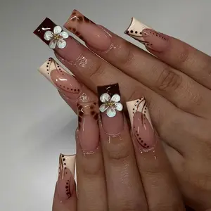24pcs Gentle Leopard Print Medium Long Square Nude Gradient Nail Stickers, Detachable Manicure Set with Jelly Glue and Nail File, Nail Art Design, Stick on Nails