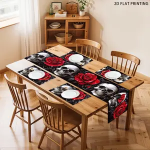 2D flat printing, 1 piece/4 piece/5 piece set/7 piece set, skull rose Halloween table flag and placemat set, dark flower Halloween kitchen restaurant table decoration, suitable for outdoor and indoor family party decoration, linen fabric, washable