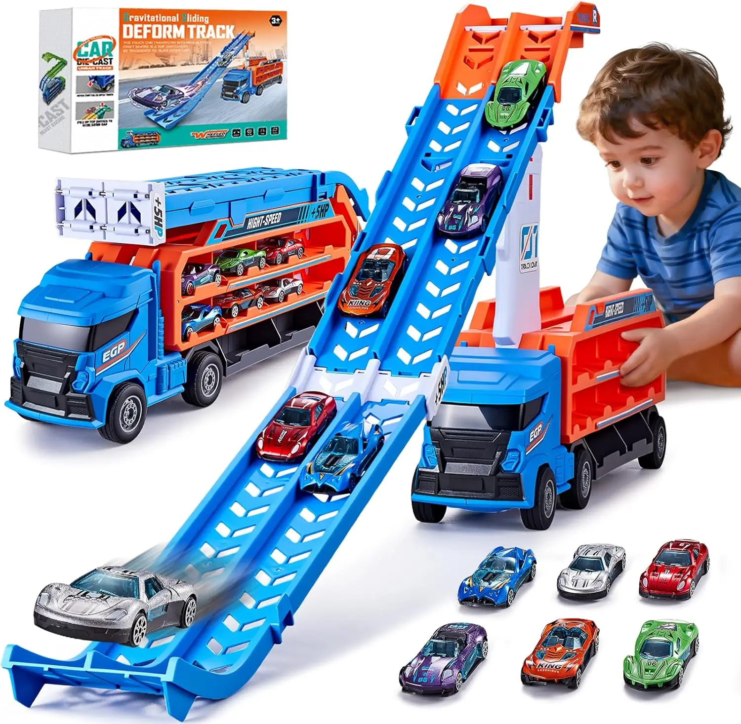 4-in-1 Mega Race Track Truck Set for Kids 3-6 | Foldable Carrier Transporter with Dual Racing Lanes & 6 Die-Cast Cars | Best Birthday Gift Toy for Toddler Boys (Blue) Die Cast Vehicles Diecast Vehicles