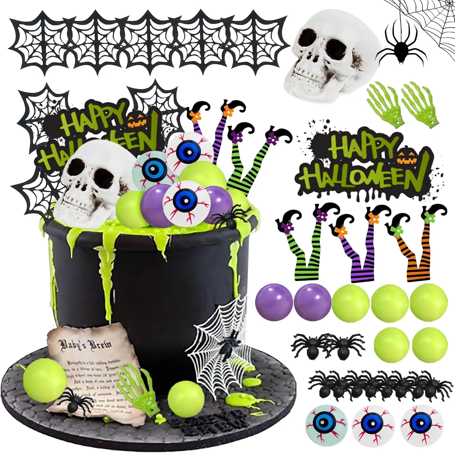 Halloween Cake Toppers Set, Skull, Spider Web, Eyeball & Glitter Ball Cupcake Toppers, Spooky Halloween Cake Decorations for Trick or Treat, Haunted House, Birthday, Cupcakes, Dessert Table & Party Supplies