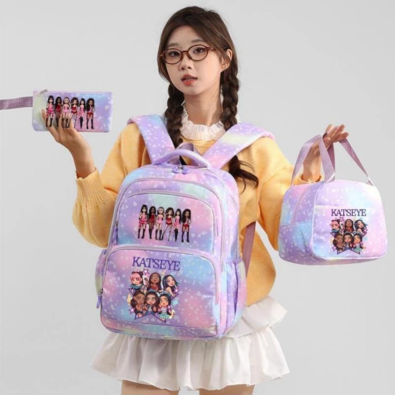 mochila Katseye Backpack Women 3 Pcs/Set Student SchoolBag  Large Capacity Outdoor Travel Bagpack Cartoon Students School Bag