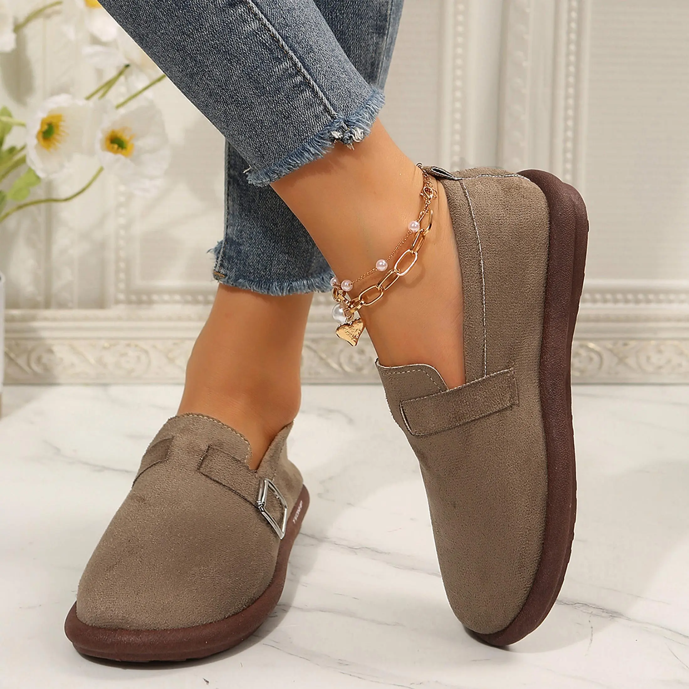 Women's Breathable Suede Slip-On Flats Buckle Loafers with Soft Insole for Comfort