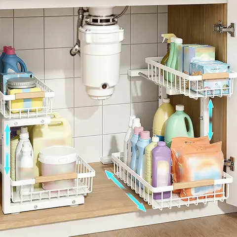 HOUCOC Metal Under Sink Organizer, 2-Tier Pull-Out Sliding Baskets with Quiet Smooth Glide Rails, 50 lb Capacity 5-Level Height-Adjustable (13.6"-16.9") Corrosion-Resistant Durable Storage Rack for Kitchen, Laundry Room