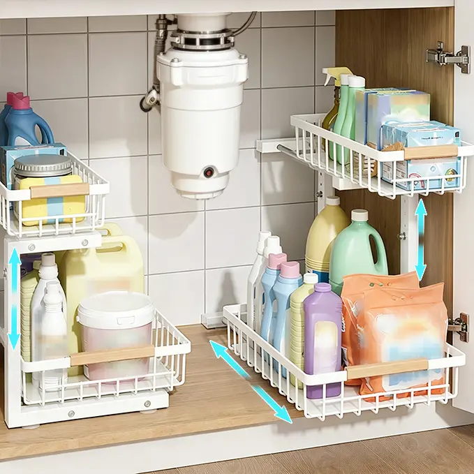 2 Tier Pull-Out Sliding Drawers Space-Saving Storage Shelf Unit, Height Adjustable Home Organization Storage Rack for Kitchen, Bathroom Cleaning Supplies & Household Items