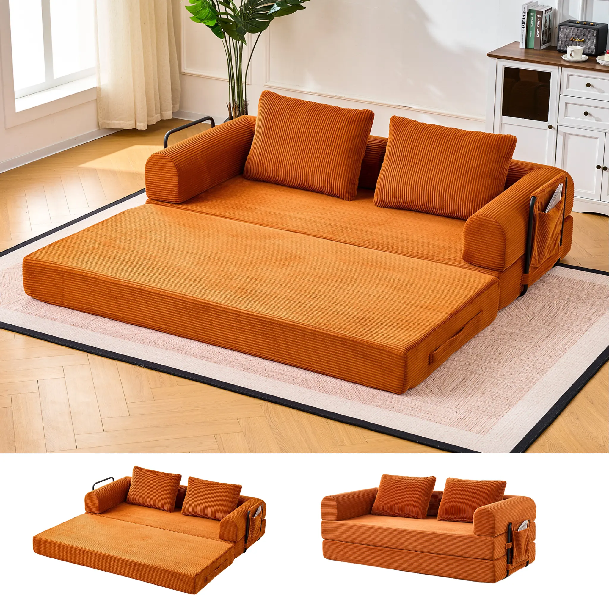 79" Convertible Sofa Bed, Boneless Couch for Living Room | Corduroy Boneless Loveseat Sleeper Sofa, Modular Futon Couch Bed with 2 pillow, Pull Out Couch No Assembly