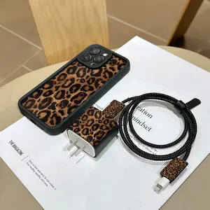 6 Piece Set Leopard Print Protective Phone Case, Charger Head Cover, Cable Protector, Storage Rope, Data Line Protection, Fits iPhone X-17 Pro Max, Accessories