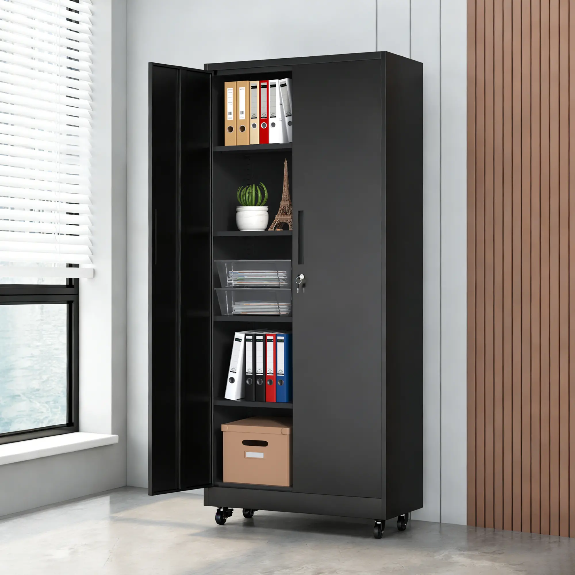 75" Tall Steel Storage Cabinet with Wheels and Lock - Rolling Heavy-Duty Organizer with 4 Adjustable Shelves for Office, Workshop, Black Commercial/Office Furniture