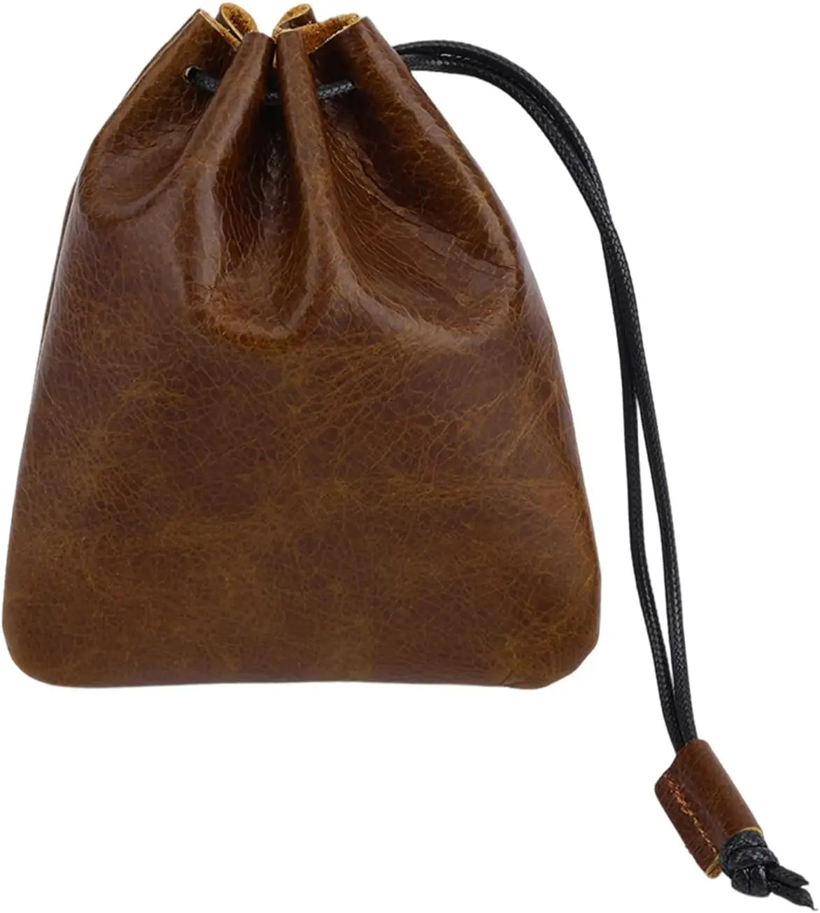 Leather Drawstring Pouch, 14.5x12.5cm/5.71x4.92in Cowhide Drawstring Pouch Medieval Coin Purse Organizer Vintage Leather Storage Bags for Earphone (Light Brown)