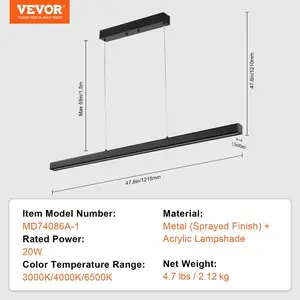 VEVOR Dimmable Linear Pendant Light, 20W, 47 in LED Linear Light Fixture Chandelier with Acrylic Lampshade 3000K/ 4000K/ 6500K Color Temperature Adjustable Height, for Dining Room Kitchen Island