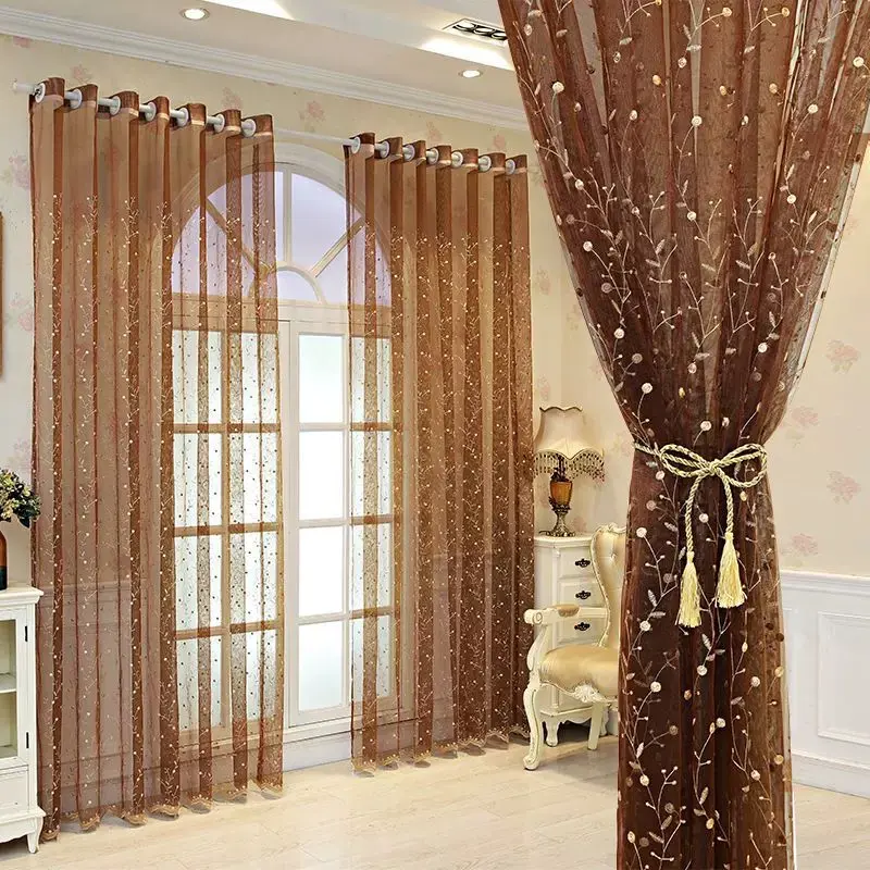 1pc Luxury European Embroidered Sheer Curtain Panel, Home Decorative Lightweight Curtains, Minimalist Style Drapes for Living Room & Bedroom, Custom Made Window Covering
