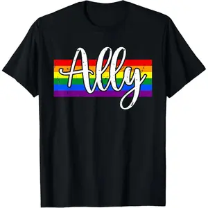 Menswear Casual Fashion Short-Sleeve T-Shirt, Proud LGBTQ Ally Equality Rainbow Flag Gay Pride Apparel