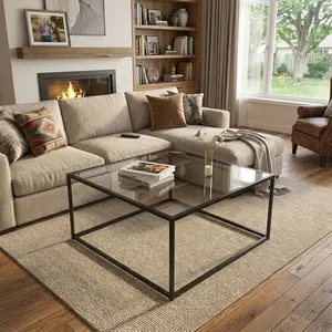 26.4" Square Tempered Glass Coffee Table, 6mm Explosion-Proof Glass with Sturdy Metal Frame, 150LBS Capacity, Easy to Assemble & Clean, Open Storage, Suitable for Home Office Living Room Outdoor