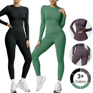 Long Sleeve Yoga 2-Piece Set for Women - Slim Fit Top & Elastic High-Waist Jogger Leggings, Breathable Quick-Dry Compression Workout Wear