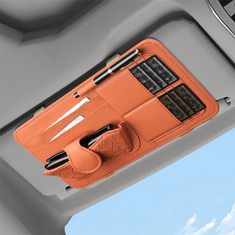 Car Visor Organizer with Sunglasses Holder, PU Leather Auto Sun Visor Storage Organizer with Card Slots for Car Interior Accessories