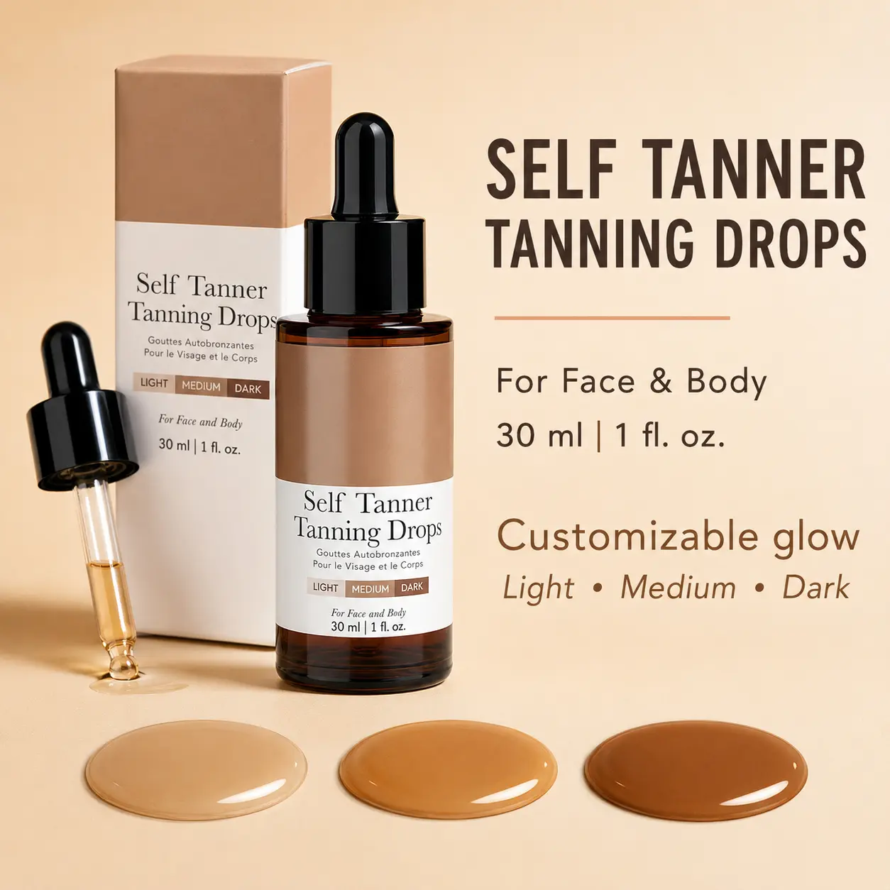 Self Tanning Drops for Face & Body | Customizable Sunless Tanner Drops for Natural-Looking Glow, Light Medium Dark Tan | 30ml