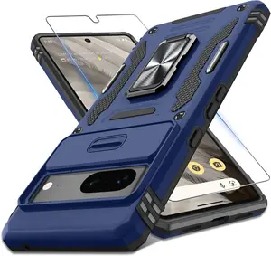 for Pixel 7 Case,Google Pixel 7 Case with Slide Camera Cover+Screen Protector (1 Pack),[Camera Protection] [Magnetic Rotate Kickstand] Military Grade Shockproof Heavy Duty Protective Cover-Navy Blue